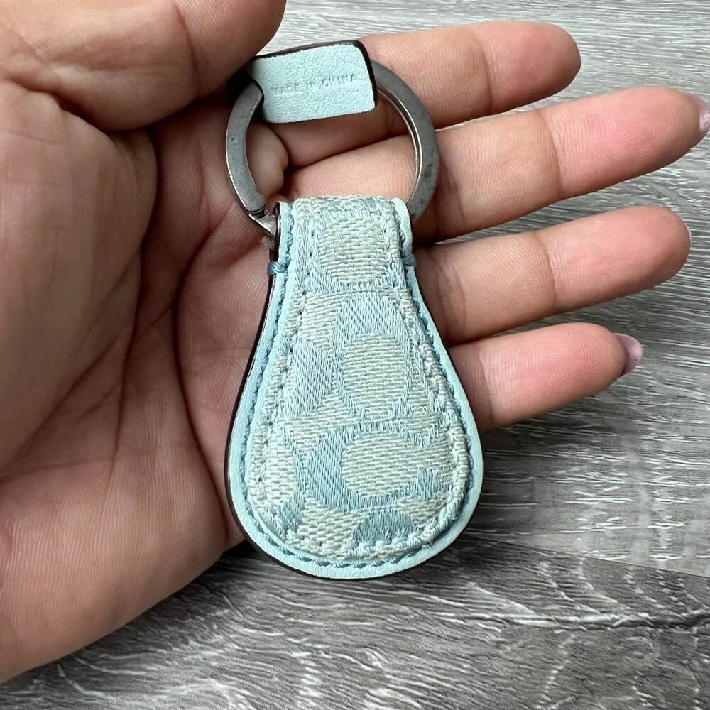 COACH Blue Key Ring Fob Signature C Monogram Logo Canvas Jacquard Leather
